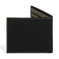 PEGAI Edward bifold wallet in Black Cevoli veg-tan bull leather, half-open showing olive green interior card slots, cream contrast stitching, embossed PEGAI logo on front panel. 