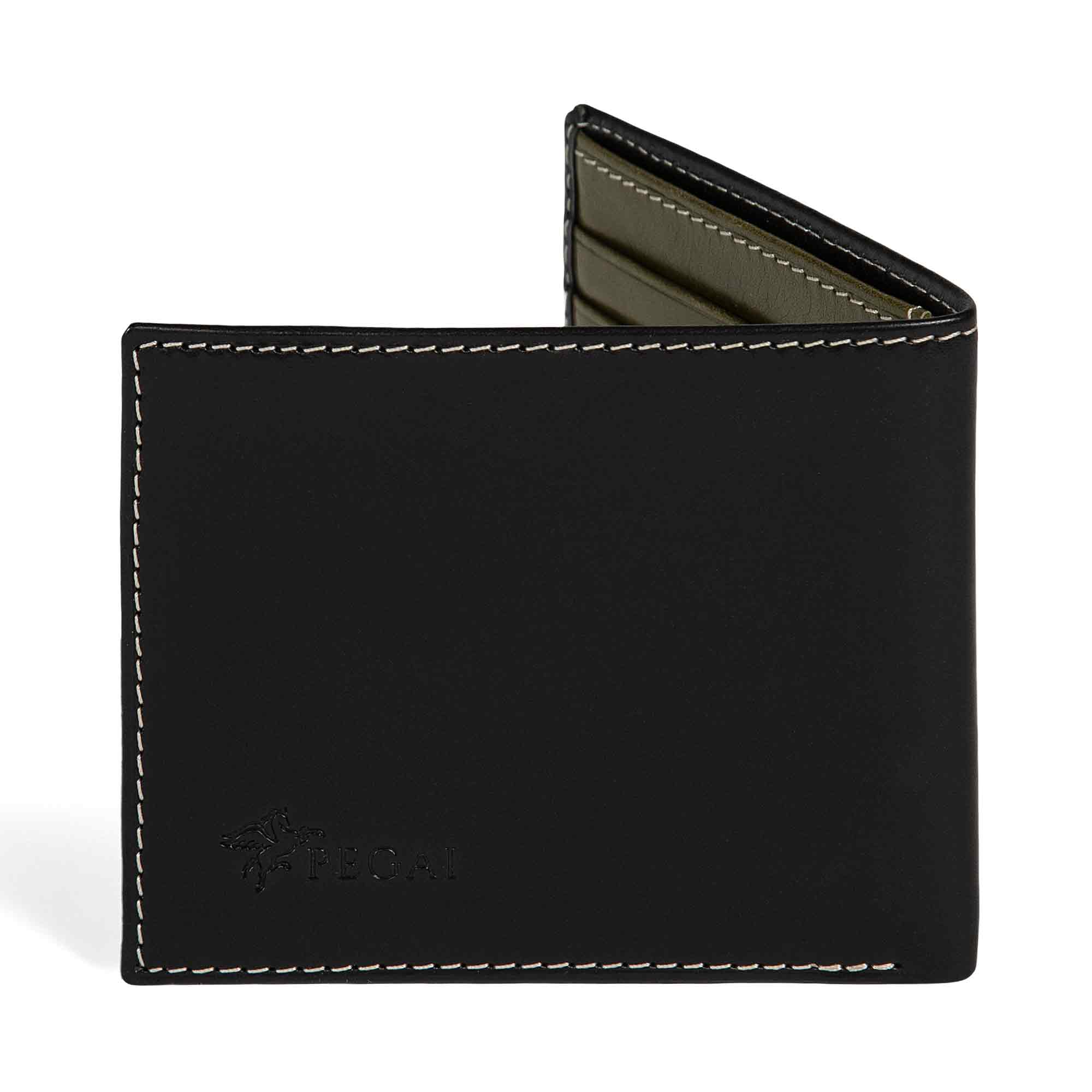 PEGAI Edward bifold wallet in Black Cevoli veg-tan bull leather, half-open showing olive green interior card slots, cream contrast stitching, embossed PEGAI logo on front panel. 
