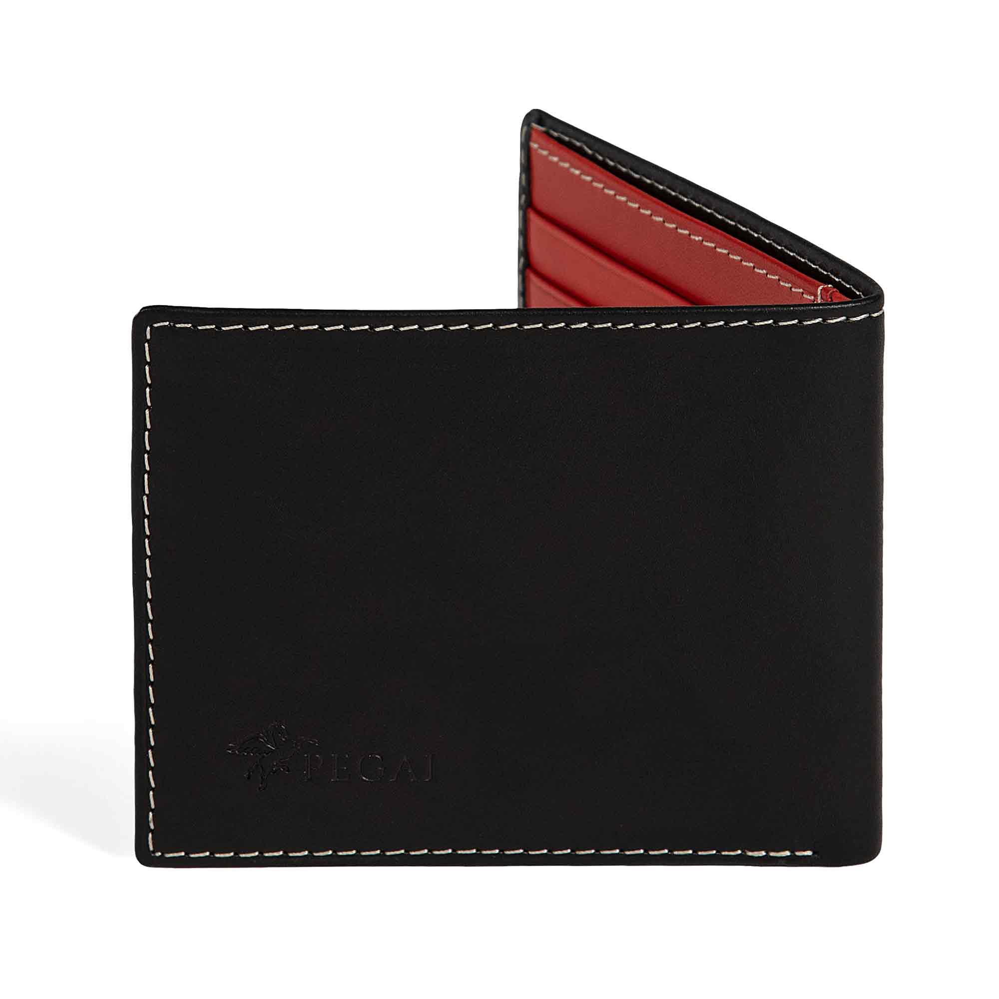 PEGAI Edward bifold wallet in Black Cevoli veg-tan bull leather, half-open showing red interior card slots, cream contrast stitching, embossed PEGAI logo on front panel.