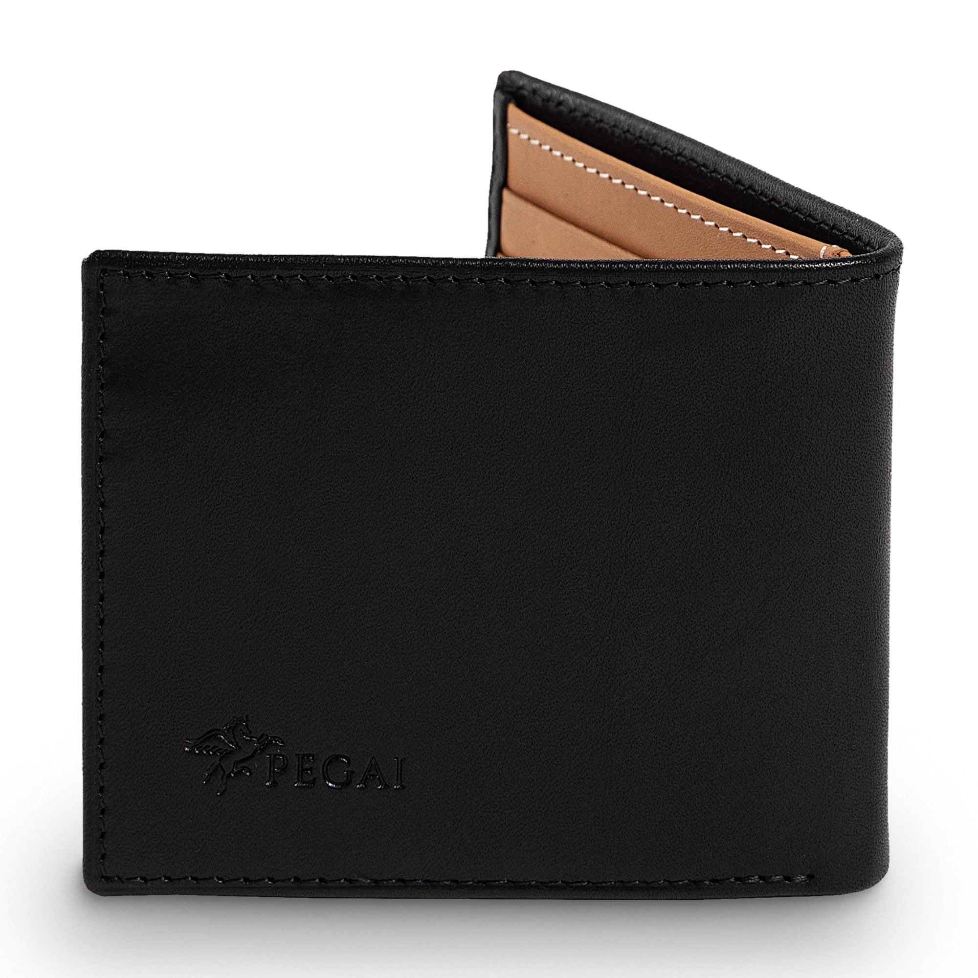 PEGAI Edward bifold wallet in black Djor veg-tan calfskin, half-open showing tan interior card slots, cream contrast stitching, embossed PEGAI logo on front panel.
