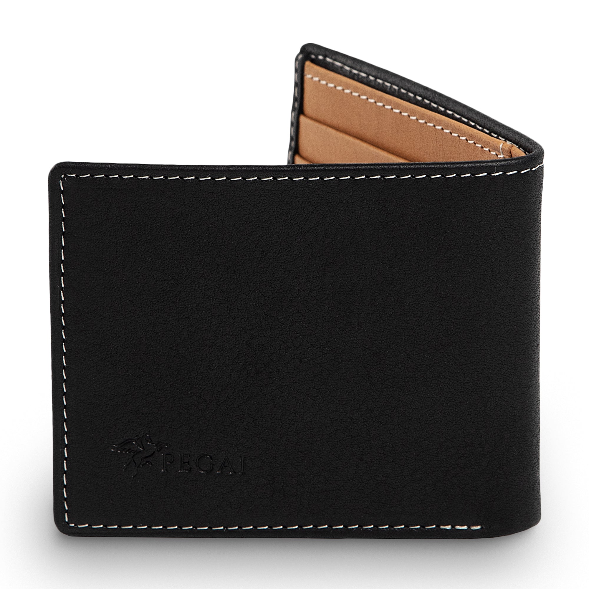 PEGAI Edward bifold wallet in black Dymnos pull-up calfskin, half-open showing tan interior card slots, cream contrast stitching, embossed PEGAI logo on front panel.