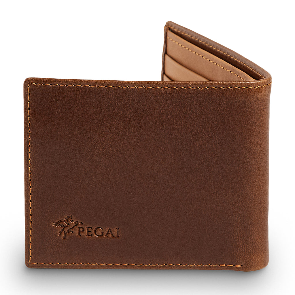 PEGAI Edward bifold wallet in Taba Melegros pull-up calfskin, half-open showing tan interior card slots, tonal contrast stitching, embossed PEGAI logo on front panel.