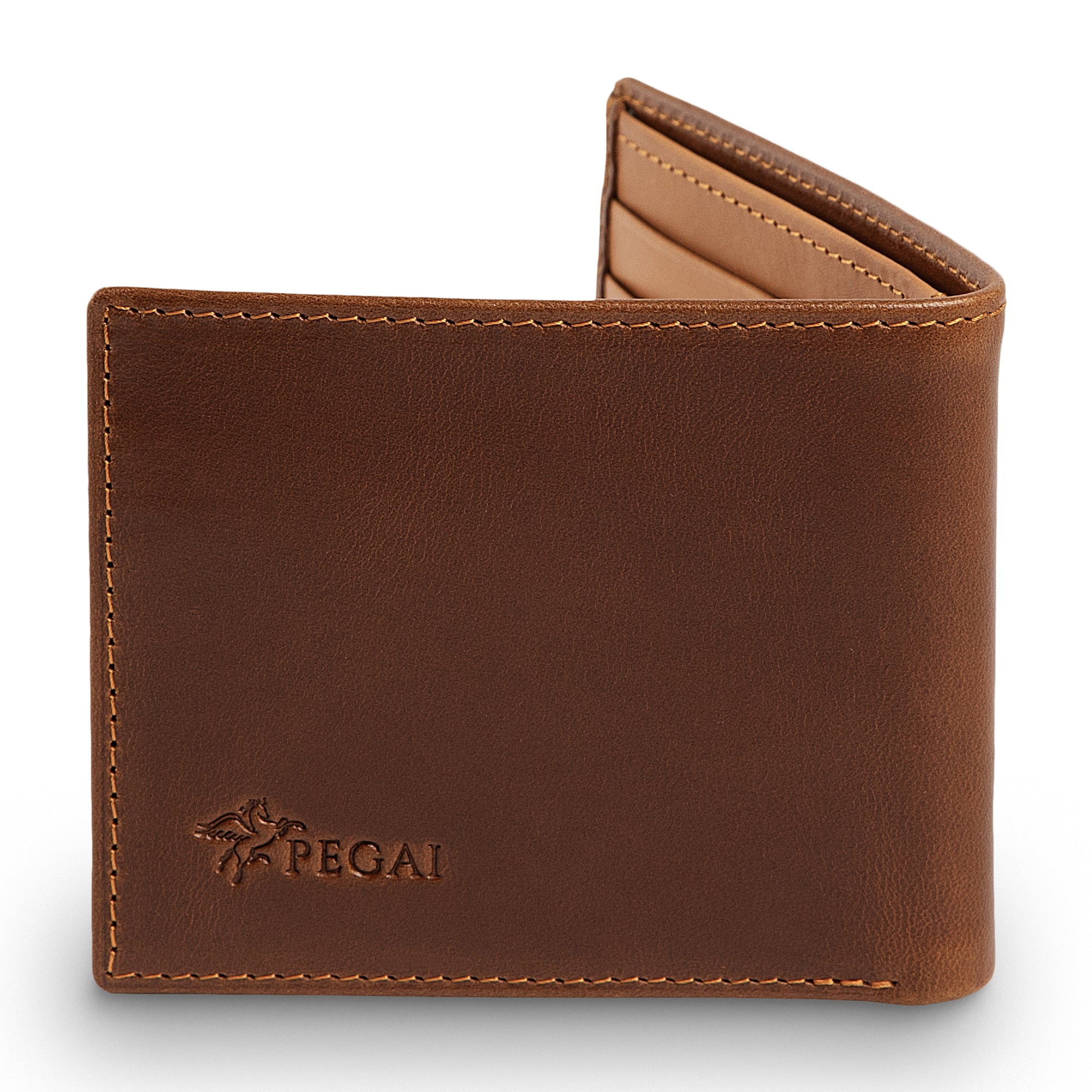 PEGAI Edward bifold wallet in Taba Melegros pull-up calfskin, half-open showing tan interior card slots, tonal contrast stitching, embossed PEGAI logo on front panel.