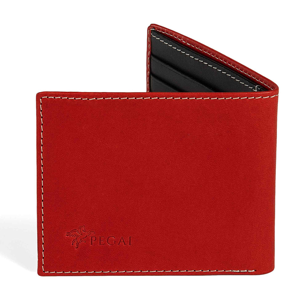 PEGAI Edward bifold wallet in red Cevoli veg-tan bull leather, half-open showing black interior card slots, cream contrast stitching, embossed PEGAI logo on front panel.