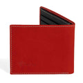 PEGAI Edward bifold wallet in red Cevoli veg-tan bull leather, half-open showing black interior card slots, cream contrast stitching, embossed PEGAI logo on front panel.