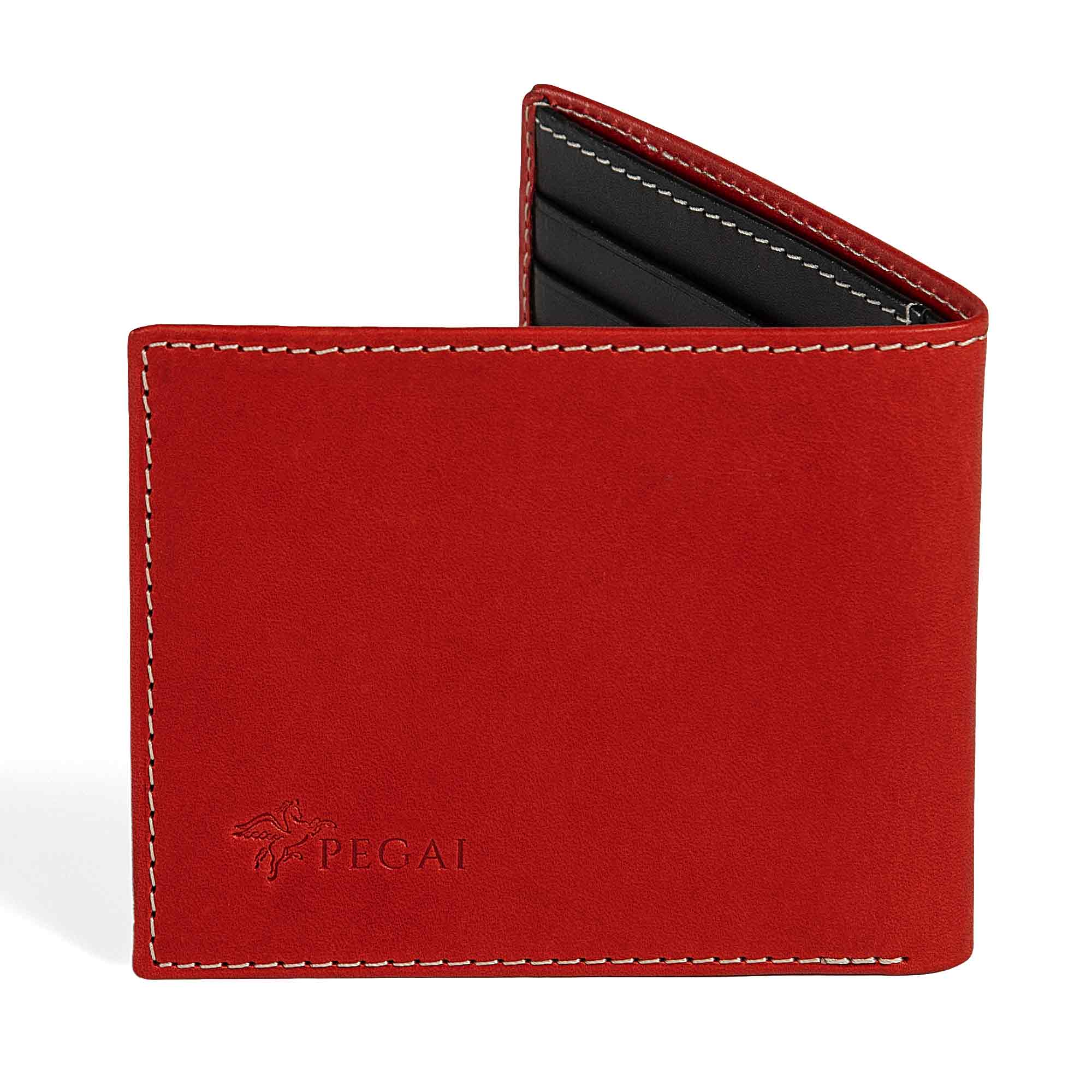 PEGAI Edward bifold wallet in red Cevoli veg-tan bull leather, half-open showing black interior card slots, cream contrast stitching, embossed PEGAI logo on front panel.