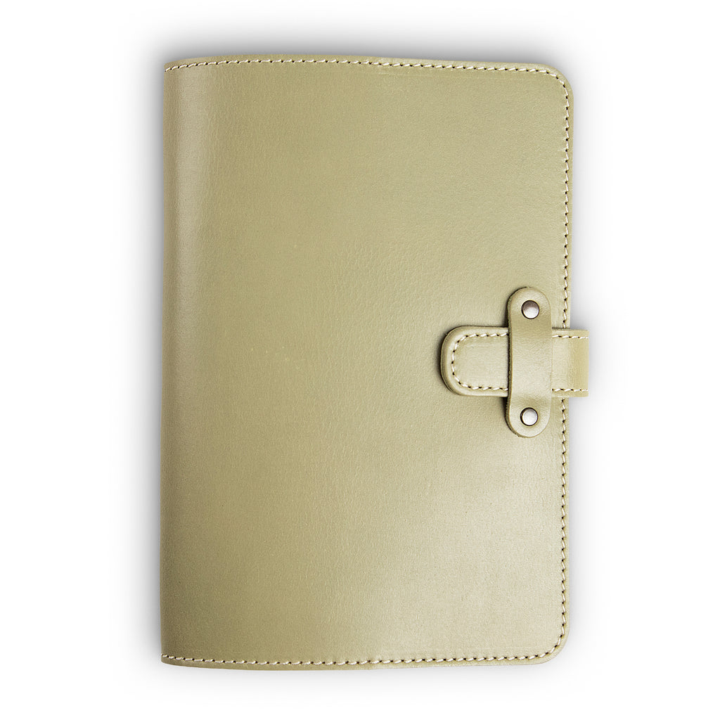 Aqua green Iphitos buffalo leather journal, front cover view, with cream saddle stitching along edges and a leather strap closure secured by two antique brass rivets on the right side.