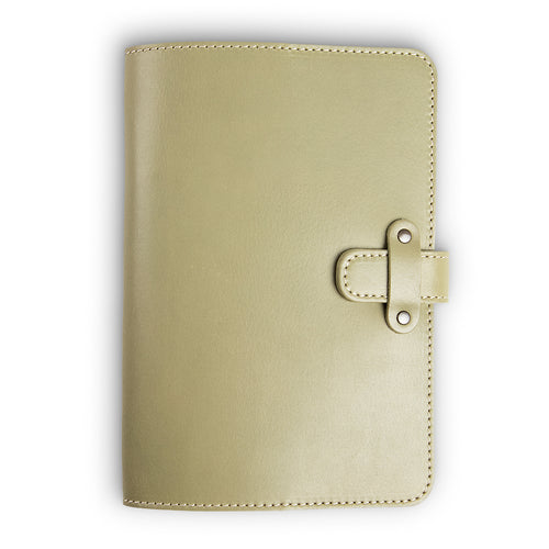 Aqua green Iphitos buffalo leather journal, front cover view, with cream saddle stitching along edges and a leather strap closure secured by two antique brass rivets on the right side.