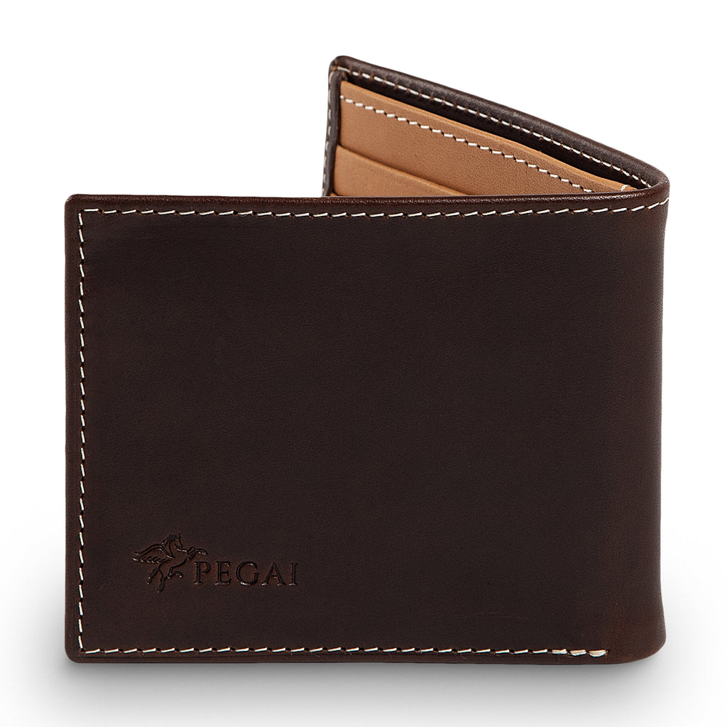 PEGAI Edward bifold wallet in deep brown Djor veg-tan calfskin, half-open showing tan interior card slots, cream contrast stitching, embossed PEGAI logo on front panel.