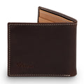 PEGAI Edward bifold wallet in deep brown Djor veg-tan calfskin, half-open showing tan interior card slots, cream contrast stitching, embossed PEGAI logo on front panel.