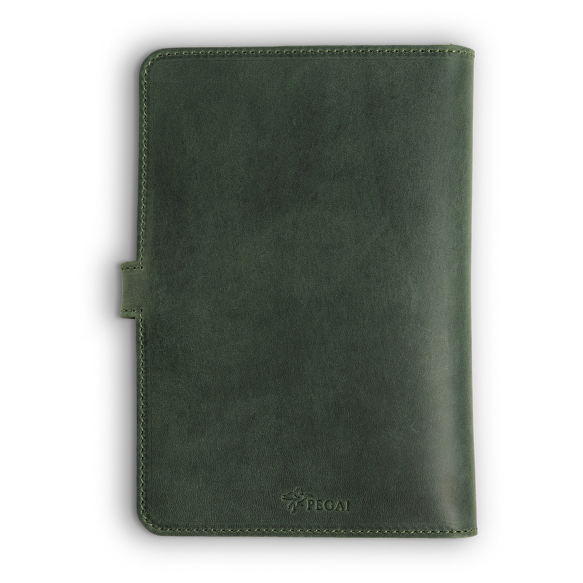 Back cover of forest green DuPage Dallas Crazy Horse leather journal showing smooth waxy pull-up surface, green perimeter stitching, side strap tab, and embossed PEGAI logo at bottom center. 