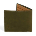 PEGAI Edward bifold wallet in olive green Cevoli veg-tan bull leather, half-open showing tan brown interior card slots, cream contrast stitching, embossed PEGAI logo on front. 