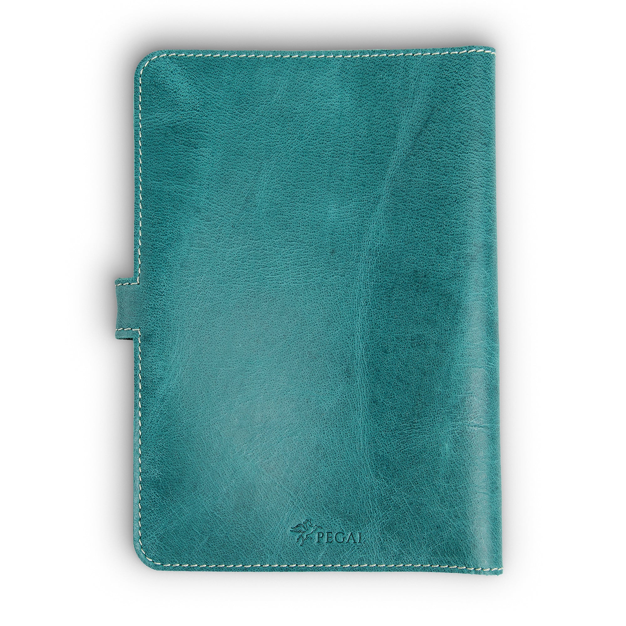 Back cover of turquoise green DuPage Laodamas buffalo leather journal showing pull-up surface with deep tonal variation, cream perimeter stitching, side strap tab, and embossed PEGAI logo at bottom center.