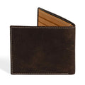 PEGAI Edward bifold wallet in dark brown Old England veg-tan bull leather, half-open showing tan interior card slots, cream contrast stitching, embossed PEGAI logo on front panel.