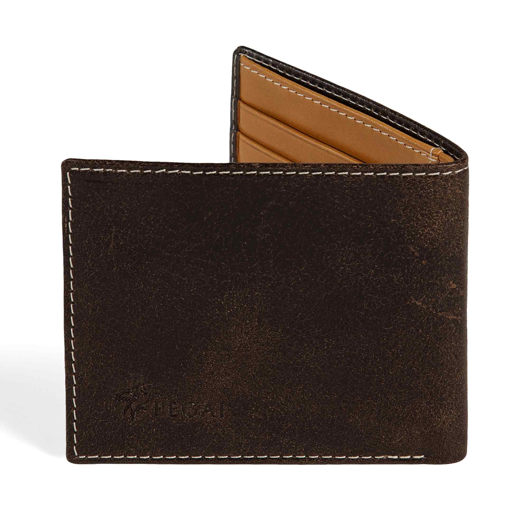 PEGAI Edward bifold wallet in dark brown Old England veg-tan bull leather, half-open showing tan interior card slots, cream contrast stitching, embossed PEGAI logo on front panel.