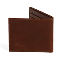 PEGAI Edward bifold wallet in rum brown Old England veg-tan bull leather, half-open showing dark brown interior card slots, tan contrast stitching, embossed PEGAI logo on front panel.