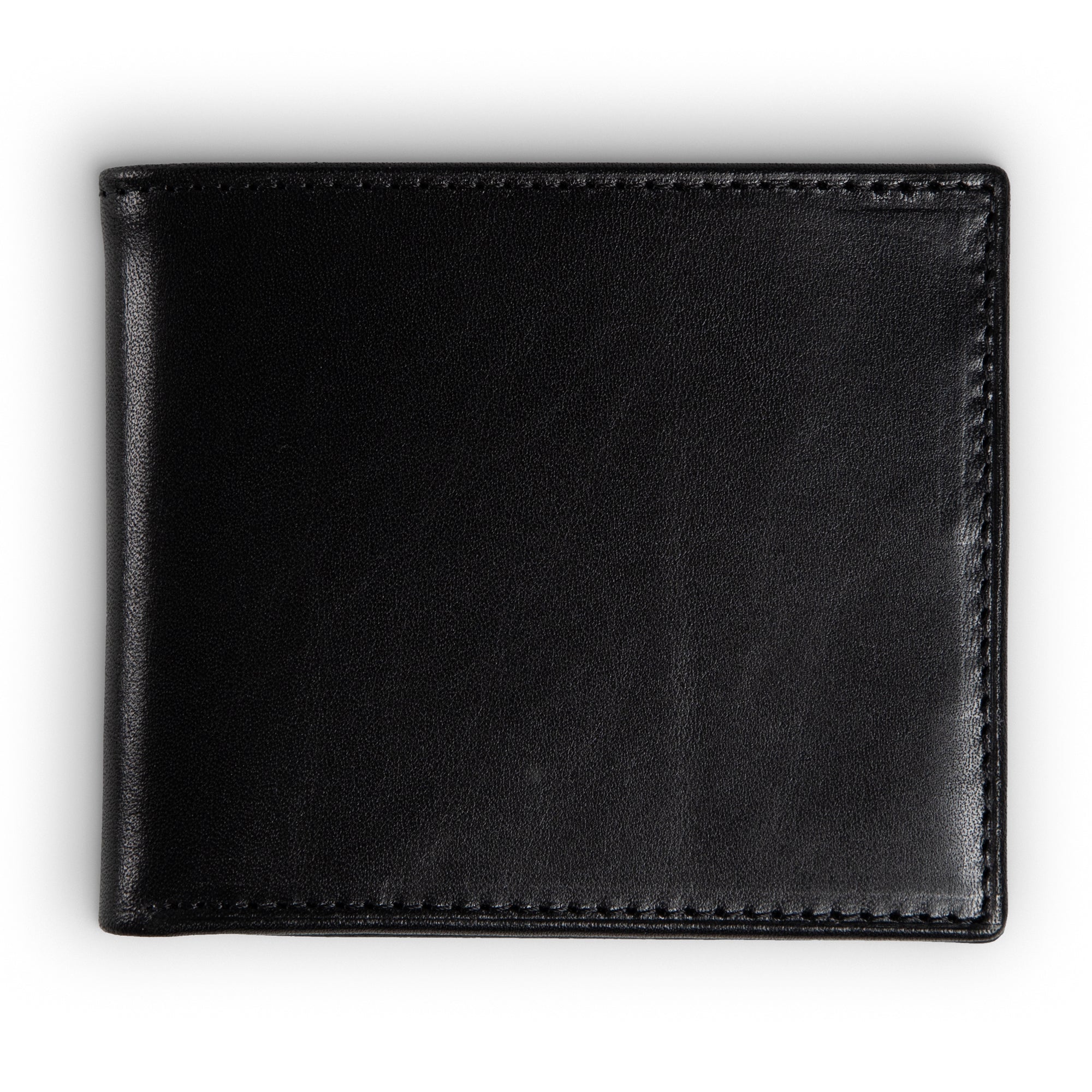 PEGAI Edward bifold wallet in black Djor veg-tan calfskin, closed back flat lay showing semi-aniline pull-up finish with natural hide character and tonal depth.