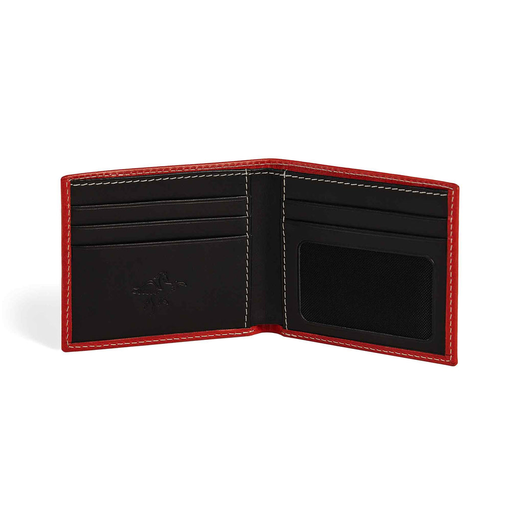 PEGAI Edward bifold wallet fully open and empty: black interior with 4 card slots left, mesh ID window right, cream contrast stitching, embossed PEGAI logo on bill compartment. 