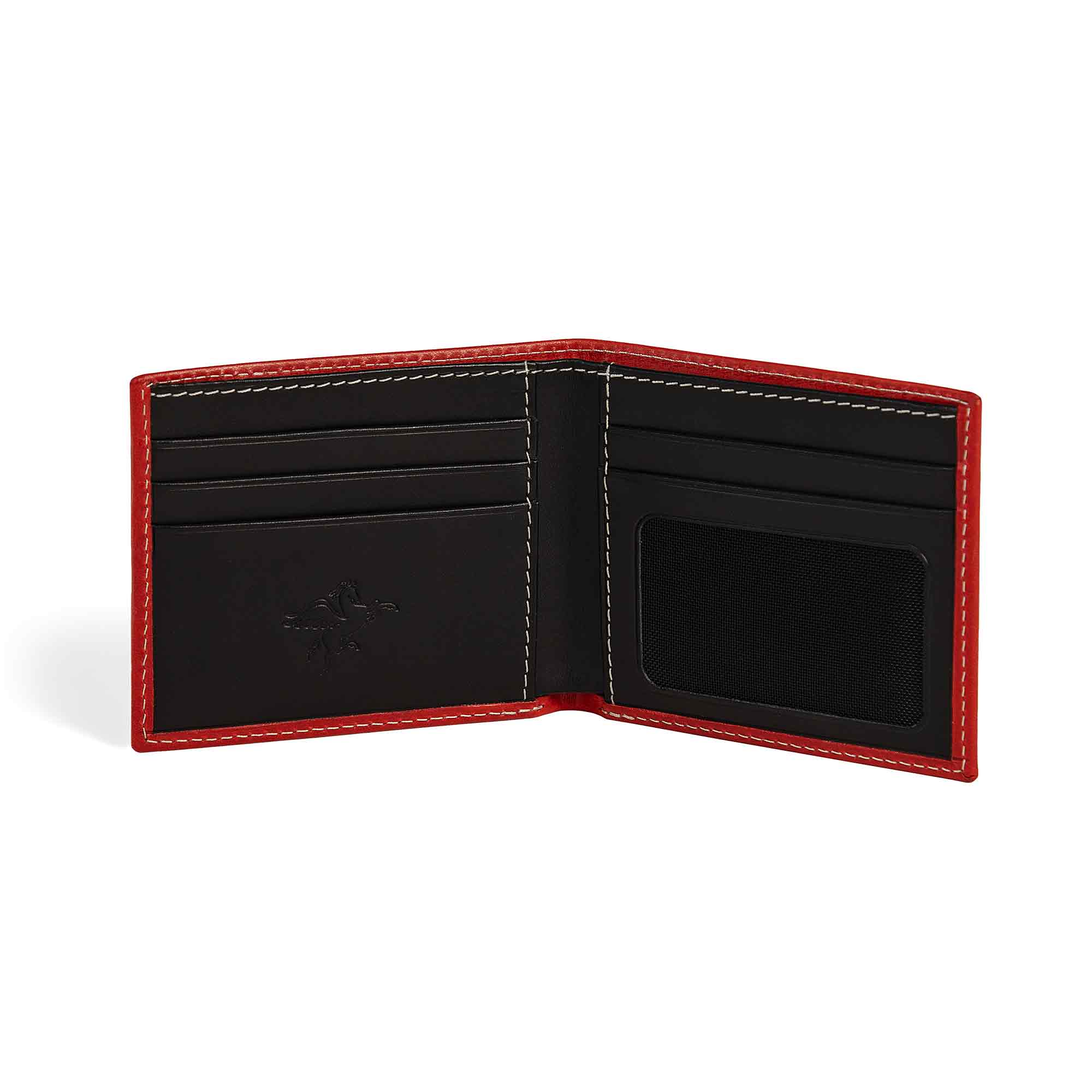 PEGAI Edward bifold wallet fully open and empty: black interior with 4 card slots left, mesh ID window right, cream contrast stitching, embossed PEGAI logo on bill compartment. 