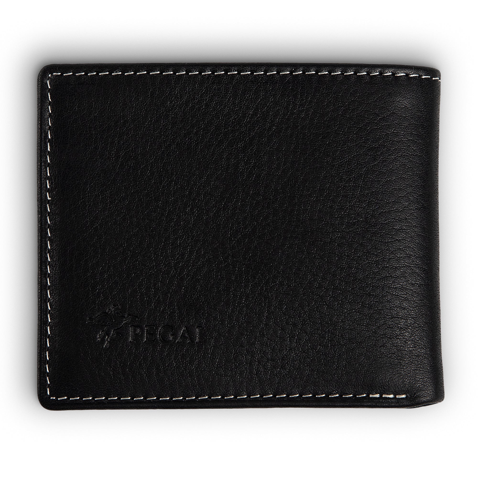 PEGAI Edward bifold wallet in black Dymnos pull-up calfskin, closed front flat lay with embossed PEGAI pegasus logo at lower left and cream contrast stitching along edges.