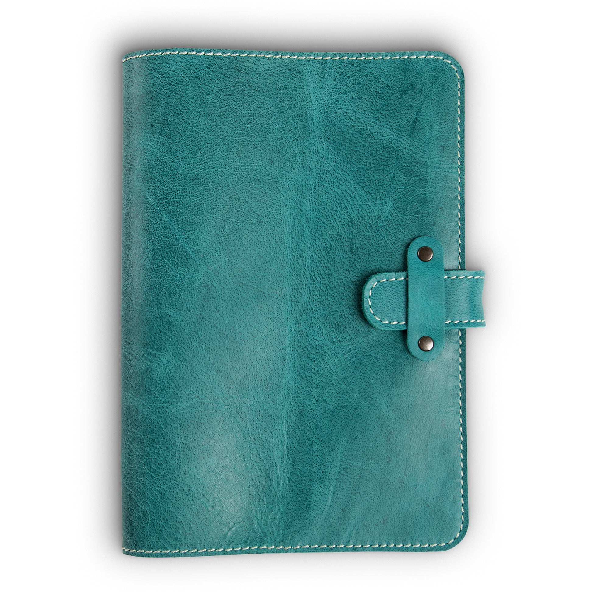 Turquoise green Laodamas buffalo leather journal, front cover view, showing distressed pull-up surface with bold natural grain and tonal variation, cream saddle stitching, and antique brass rivet strap closure.