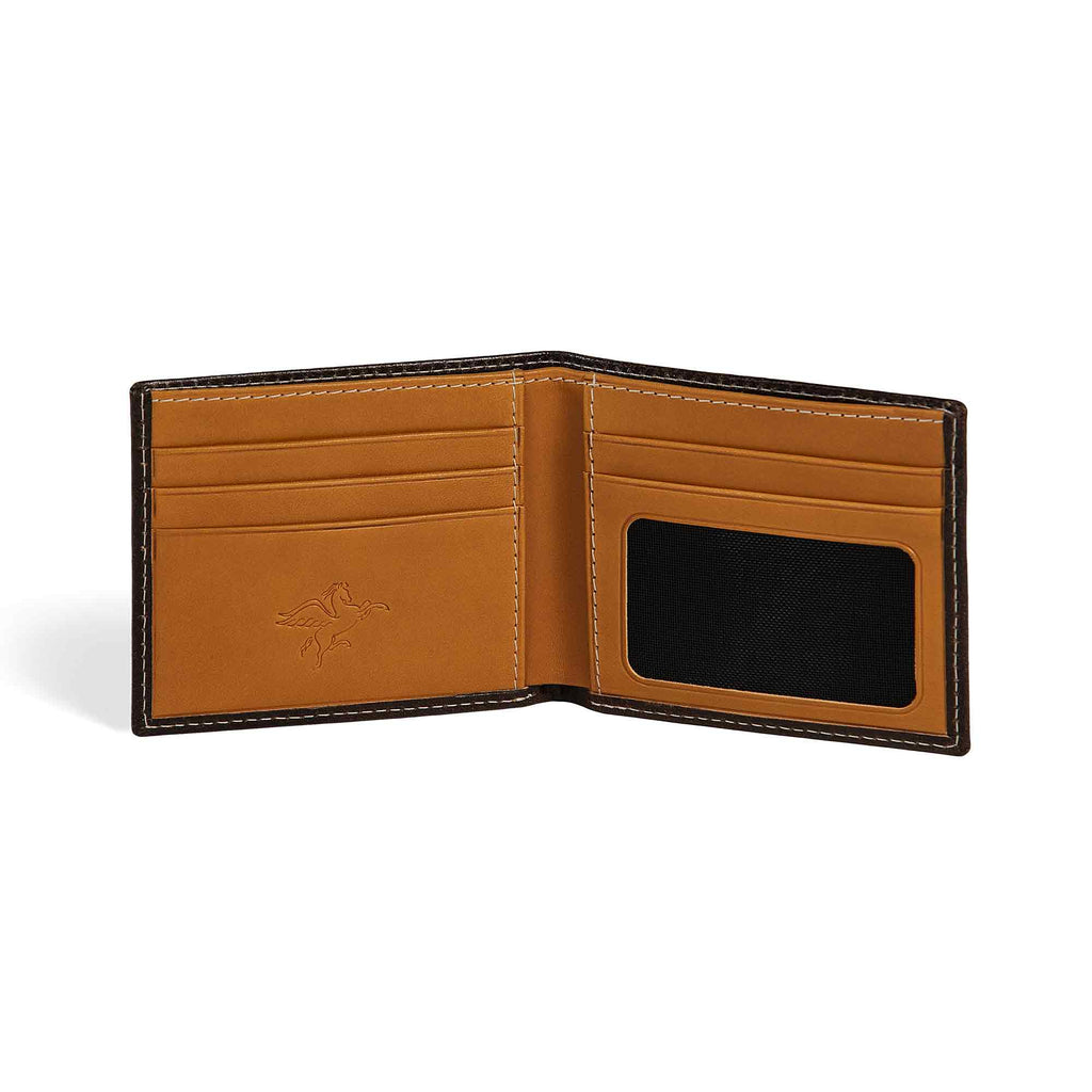 PEGAI Edward bifold wallet fully open and empty: tan interior with 4 card slots left, mesh ID window right, cream contrast stitching, embossed PEGAI pegasus logo on bill compartment.