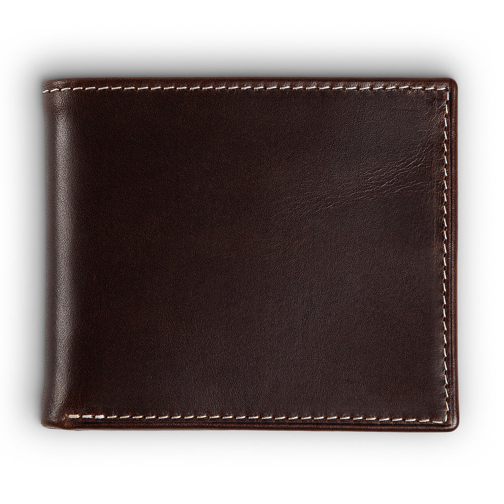 PEGAI Edward bifold wallet in deep brown Djor veg-tan calfskin, closed back flat lay showing pull-up aniline finish with natural tonal variation and cream contrast stitching.