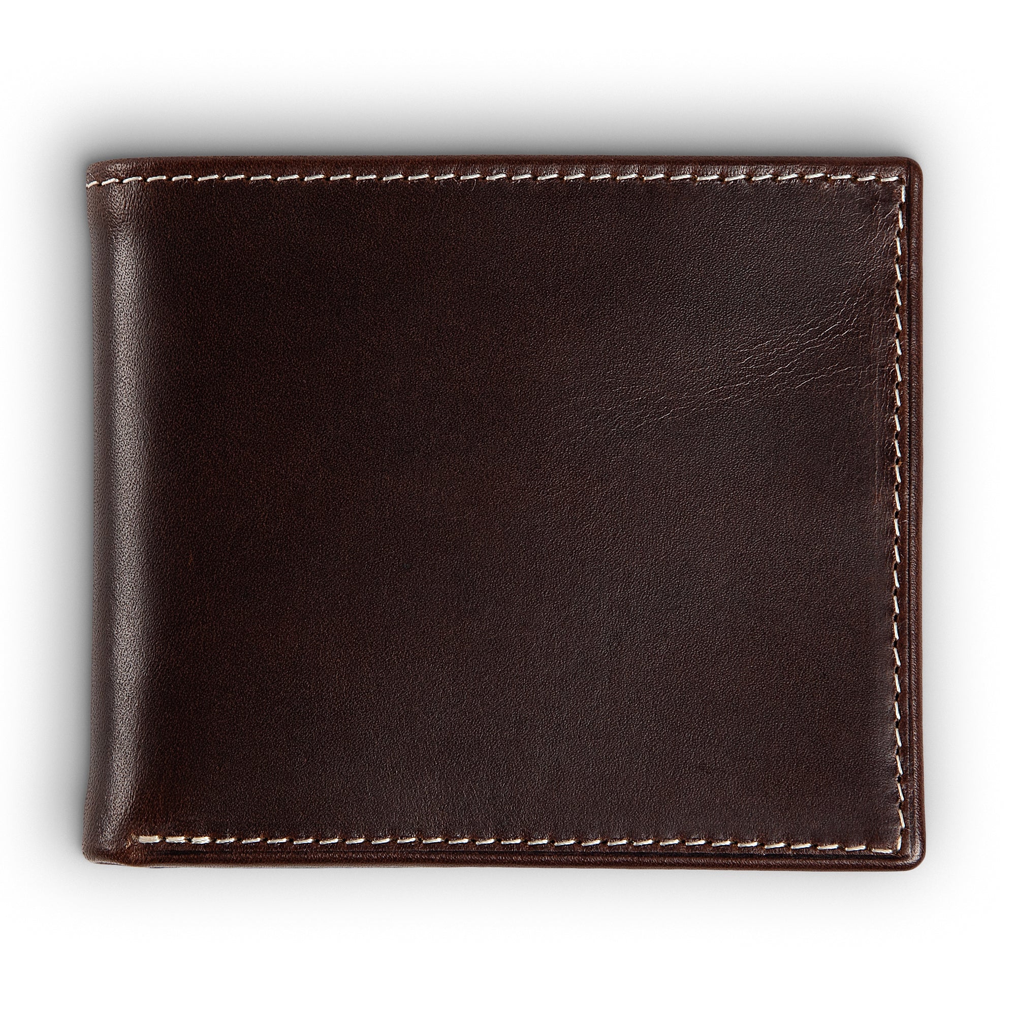 PEGAI Edward bifold wallet in deep brown Djor veg-tan calfskin, closed back flat lay showing pull-up aniline finish with natural tonal variation and cream contrast stitching.