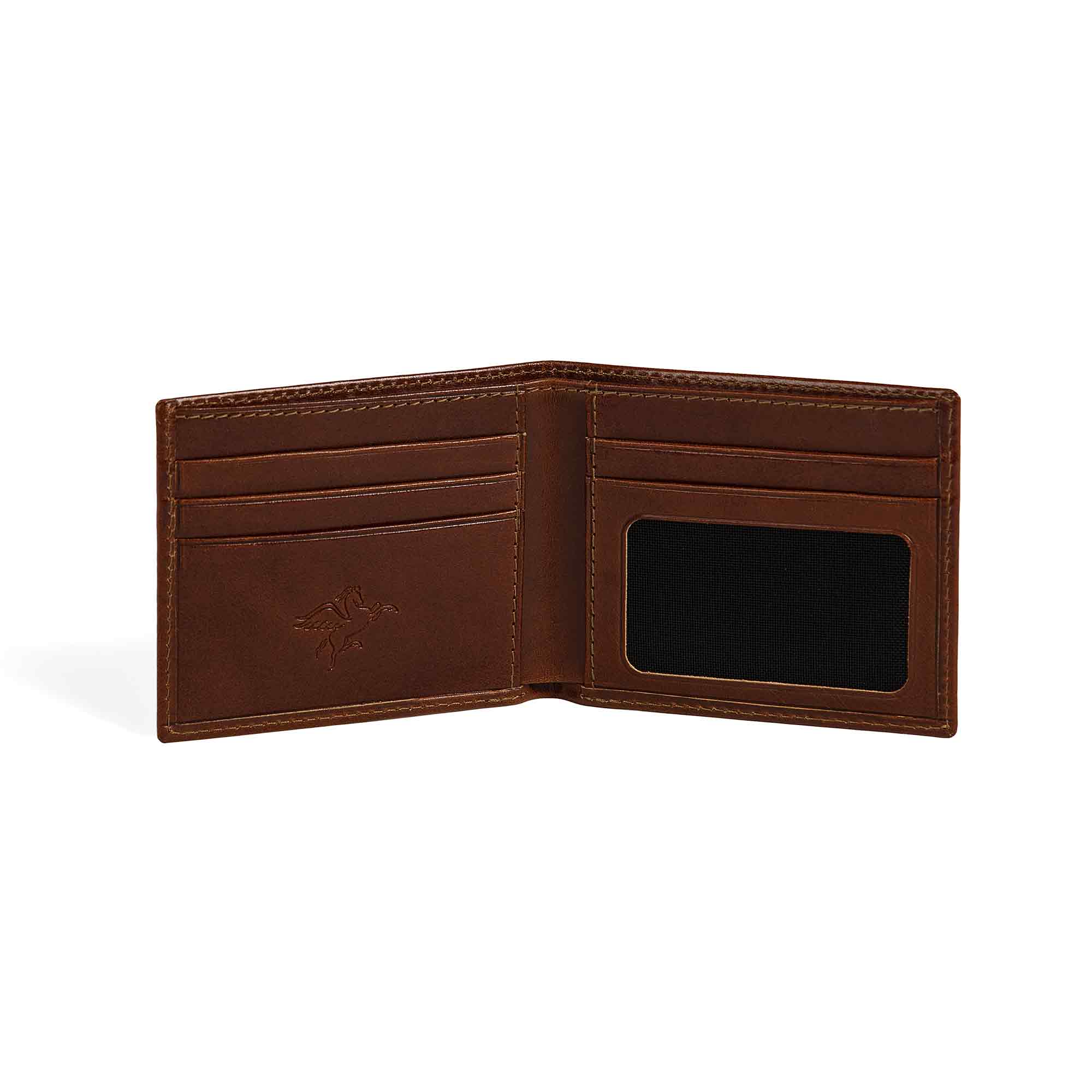 PEGAI Edward bifold wallet fully open and empty: rich brown interior with 4 card slots left, mesh ID window right, tan contrast stitching, embossed PEGAI pegasus logo on bill side.