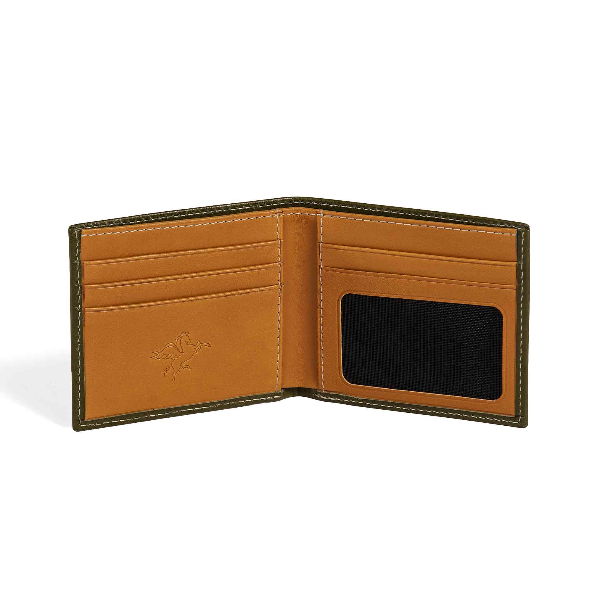 PEGAI Edward bifold wallet fully open and empty: tan brown interior with 4 card slots left, mesh ID window right, cream contrast stitching, embossed PEGAI logo on bill compartment.
