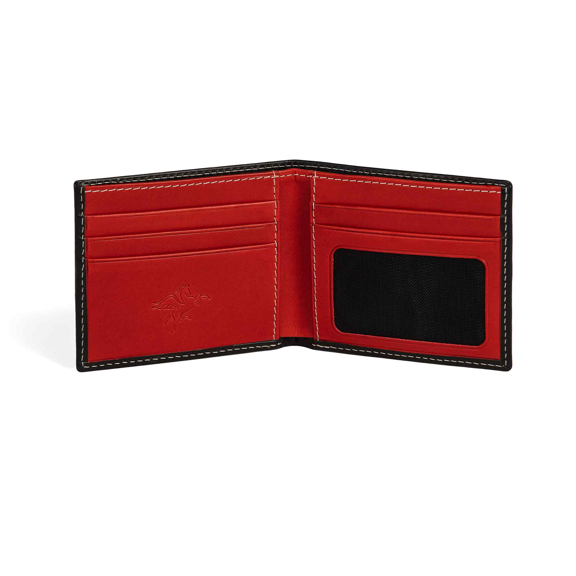 PEGAI Edward bifold wallet fully open and empty: red interior with 4 card slots left, mesh ID window right, cream contrast stitching, embossed PEGAI logo on bill compartment.