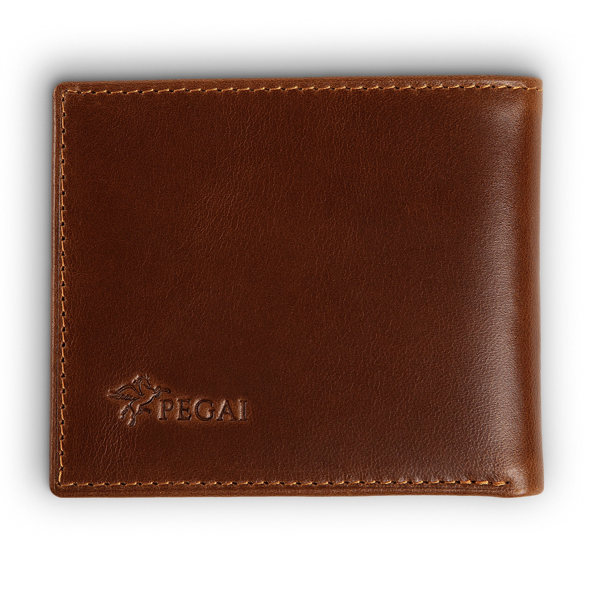 PEGAI Edward bifold wallet in Taba Melegros pull-up calfskin, closed front flat lay with embossed PEGAI pegasus logo at lower left and tonal contrast stitching along edges. 