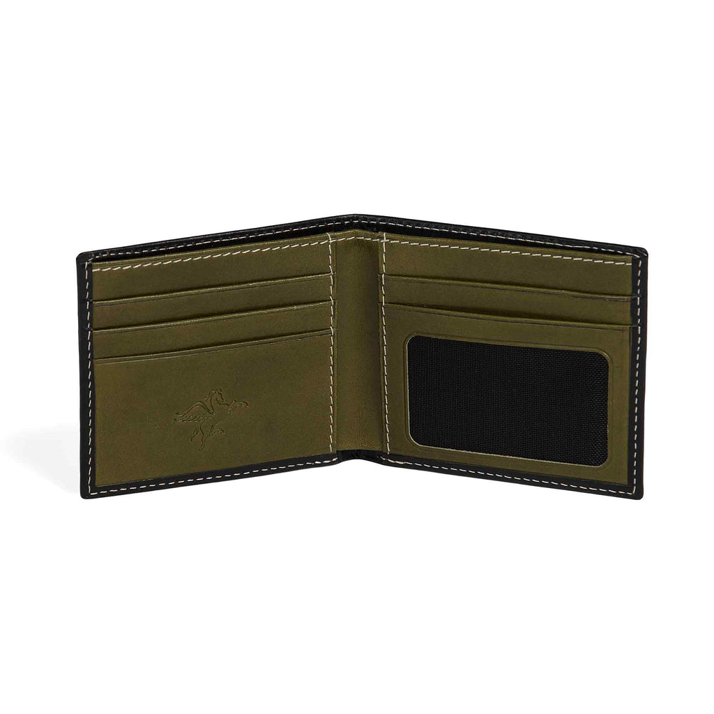 PEGAI Edward bifold wallet fully open and empty: olive green interior with 4 card slots left, mesh ID window right, cream contrast stitching, embossed PEGAI logo on bill side. 