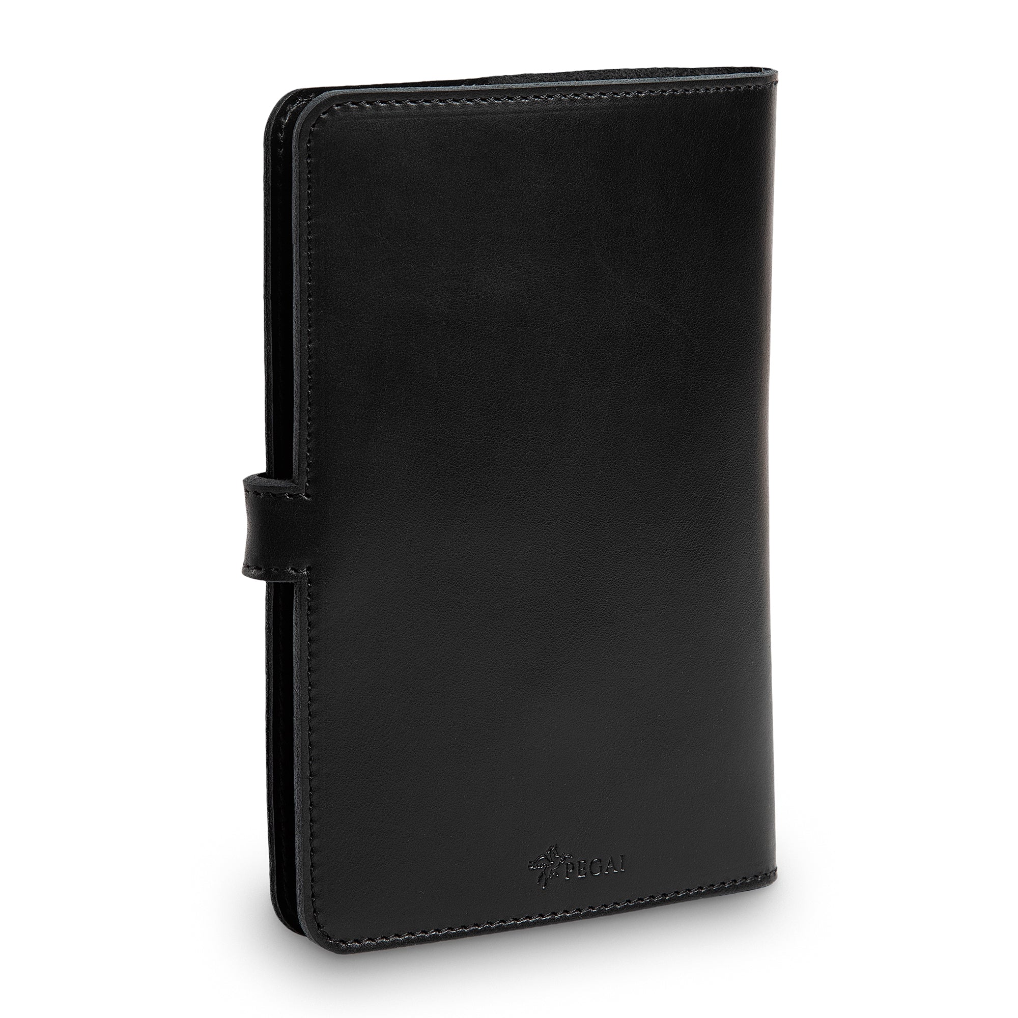 Three-quarter front view of closed black DuPage journal showing spine thickness, black saddle stitching, side strap closure tab, and embossed PEGAI logo on lower front cover.