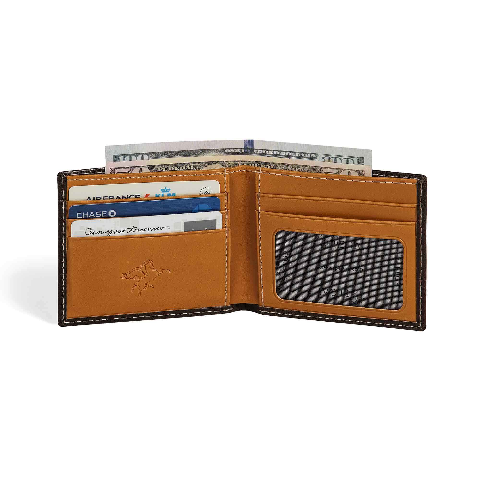PEGAI Edward bifold wallet open with cards and folded $100 bills loaded, showing tan interior card slots, mesh ID window, and cream stitching on dark brown Old England veg-tan exterior.