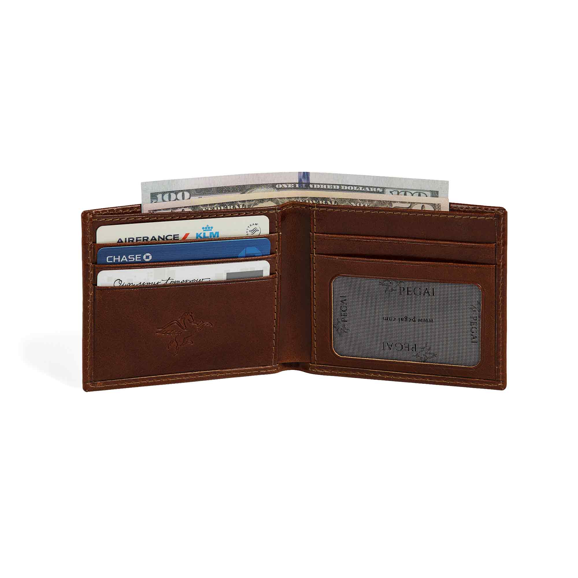 PEGAI Edward bifold wallet open with cards and folded $100 bills loaded, showing rich brown interior card slots, mesh ID window, and tan stitching on rum brown Old England veg-tan exterior.
