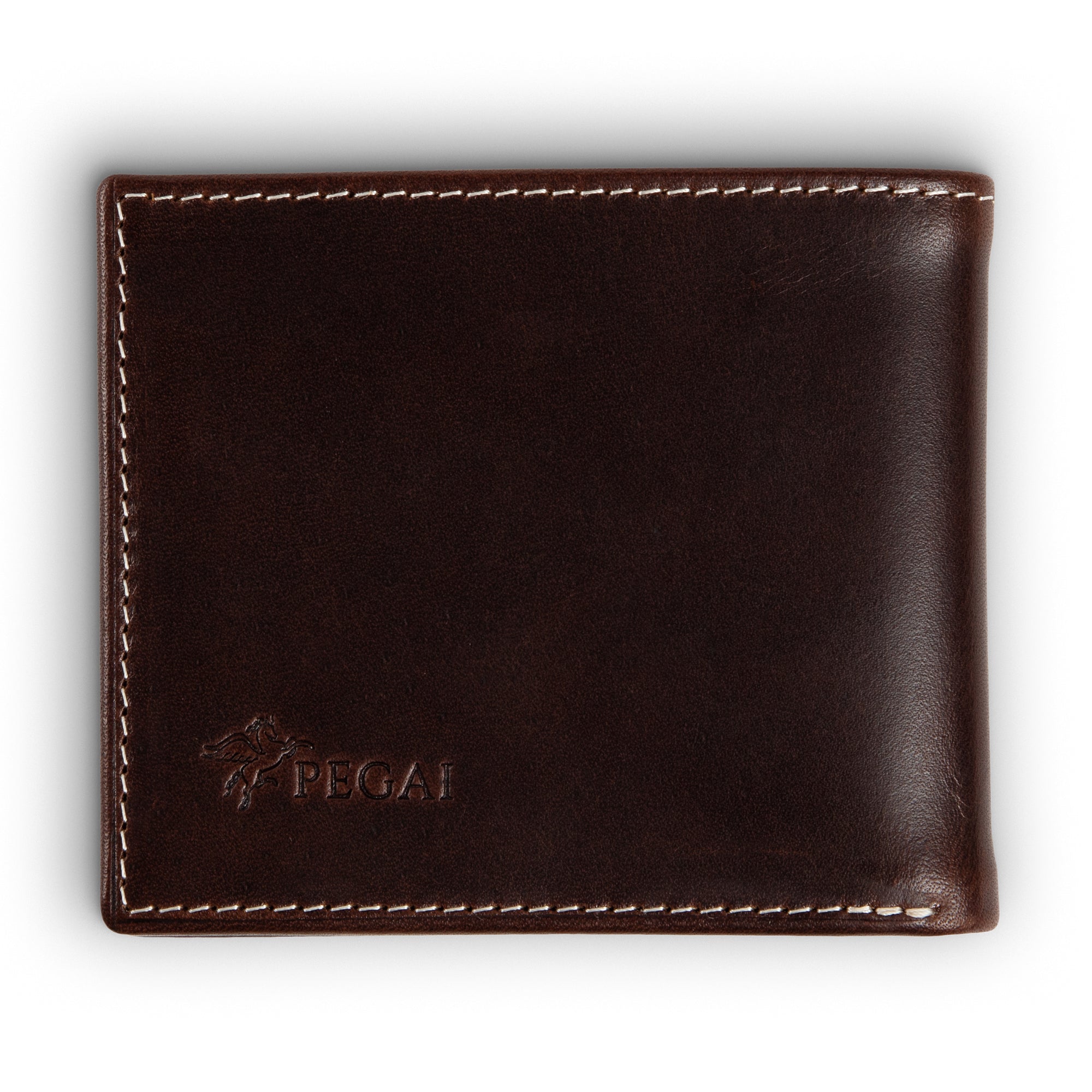 PEGAI Edward bifold wallet in deep brown Djor veg-tan calfskin, closed front flat lay with embossed PEGAI pegasus logo at lower left and cream contrast stitching along edges.