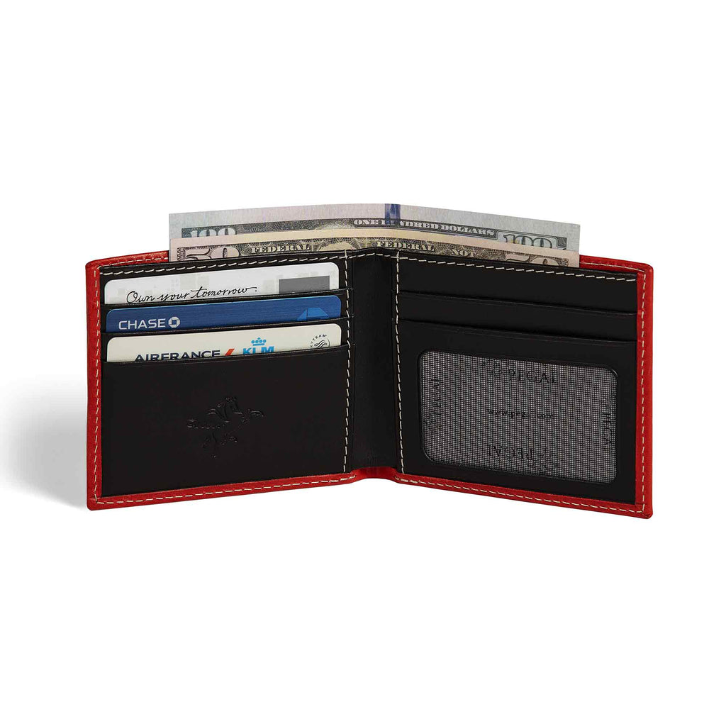 PEGAI Edward bifold wallet open with cards and folded $100 bills loaded, showing black interior card slots, mesh ID window, and cream stitching on red Cevoli veg-tan exterior.