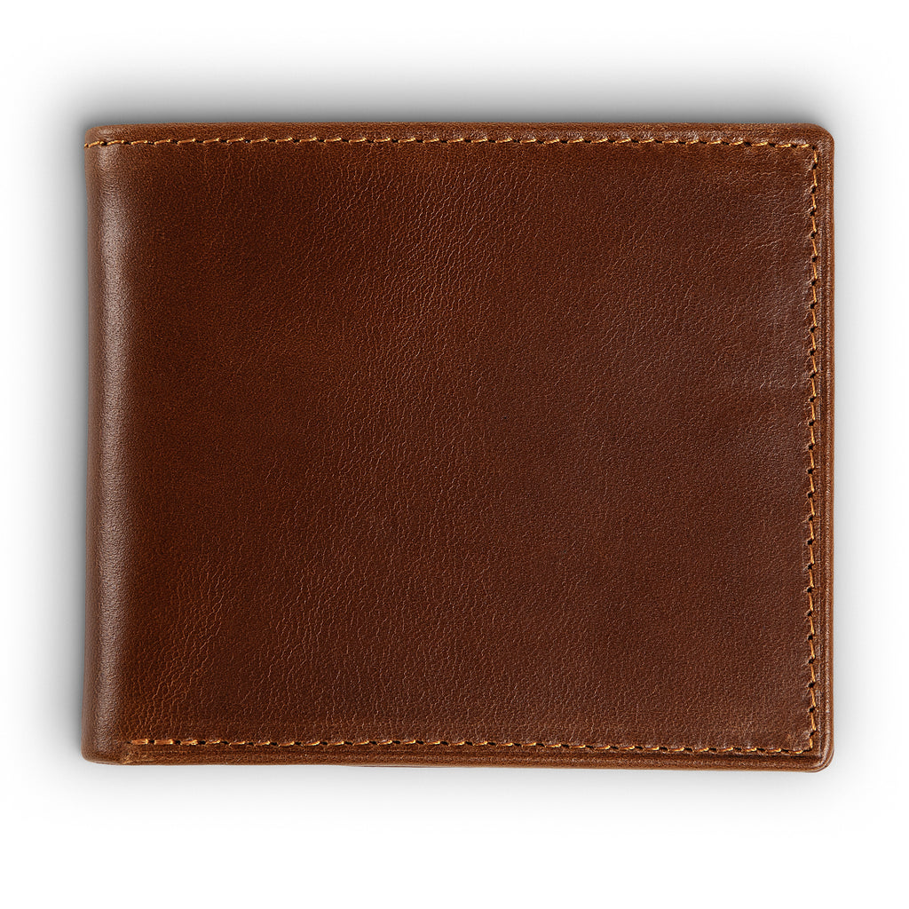PEGAI Edward bifold wallet in Taba Melegros pull-up calfskin, closed back flat lay showing rich tonal variation from the chrome-tanned pull-up finish and tonal stitching. 