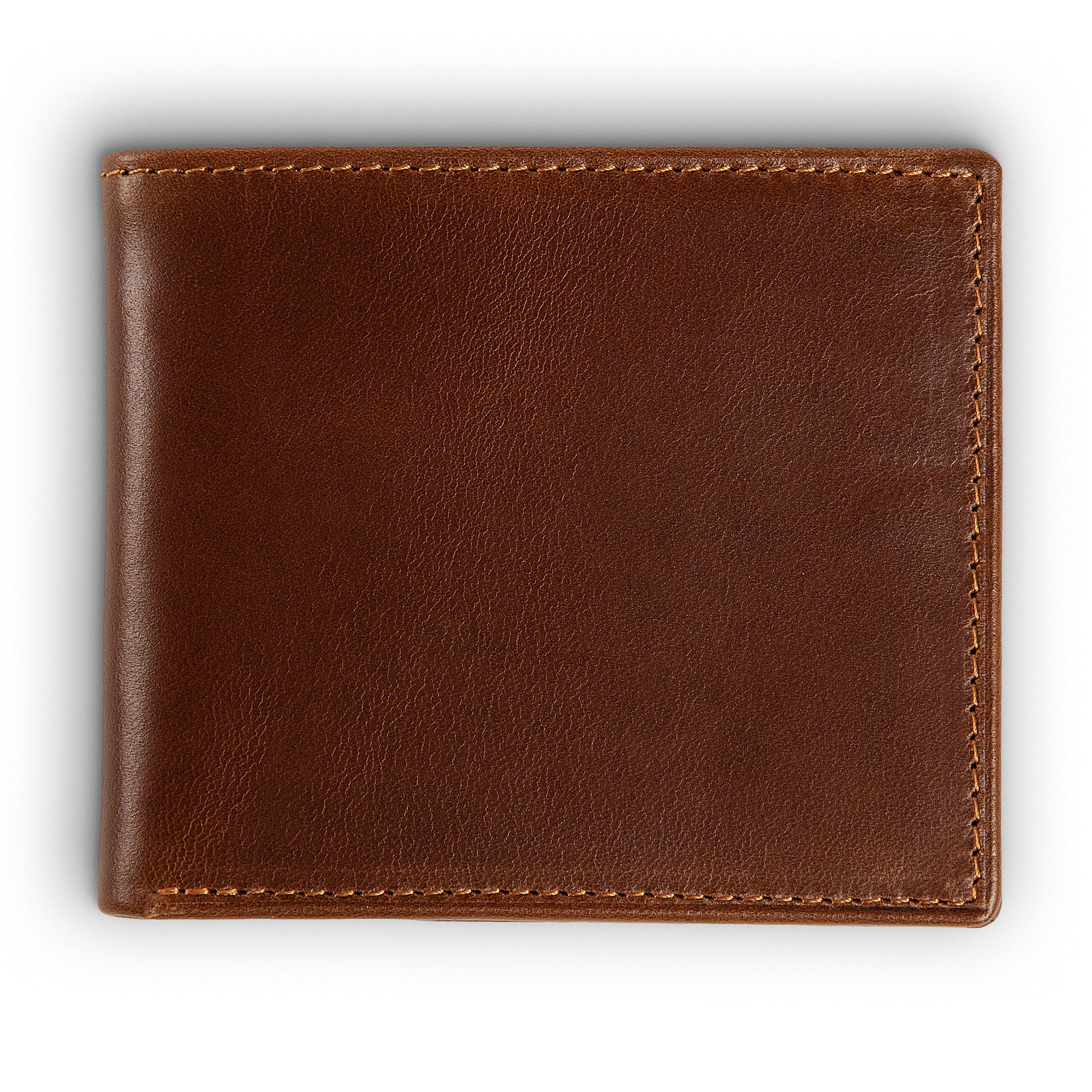 PEGAI Edward bifold wallet in Taba Melegros pull-up calfskin, closed back flat lay showing rich tonal variation from the chrome-tanned pull-up finish and tonal stitching. 