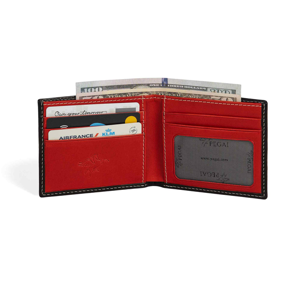PEGAI Edward bifold wallet open with cards and folded $100 bills loaded, showing red interior card slots, mesh ID window, and cream stitching on Black Cevoli veg-tan exterior.