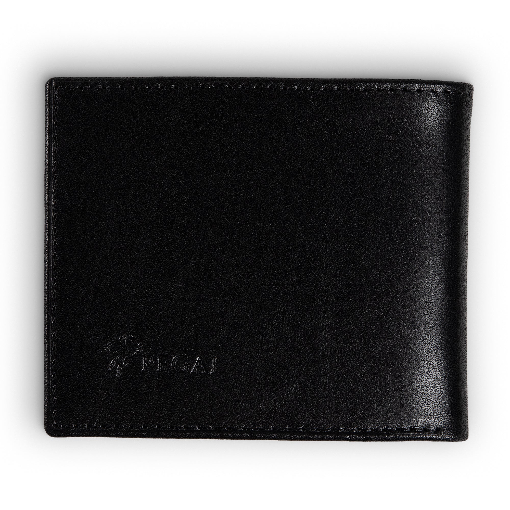 PEGAI Edward bifold wallet in black Djor veg-tan calfskin, closed front flat lay with embossed PEGAI pegasus logo at lower left and tonal black-on-black stitching along edges. 