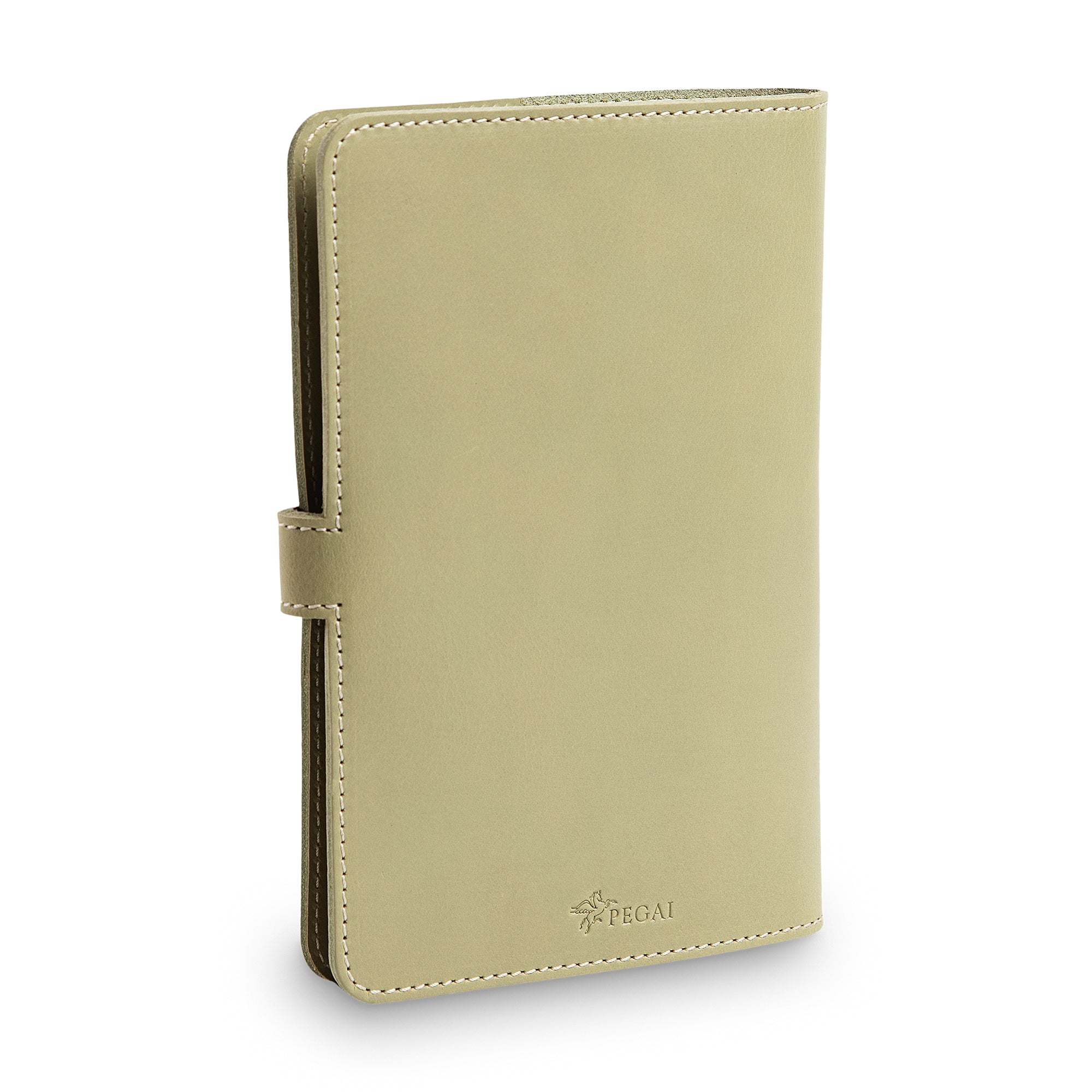 Three-quarter front view of closed aqua green DuPage journal showing spine thickness, cream saddle stitching, side strap closure tab, and embossed PEGAI logo on lower front cover.