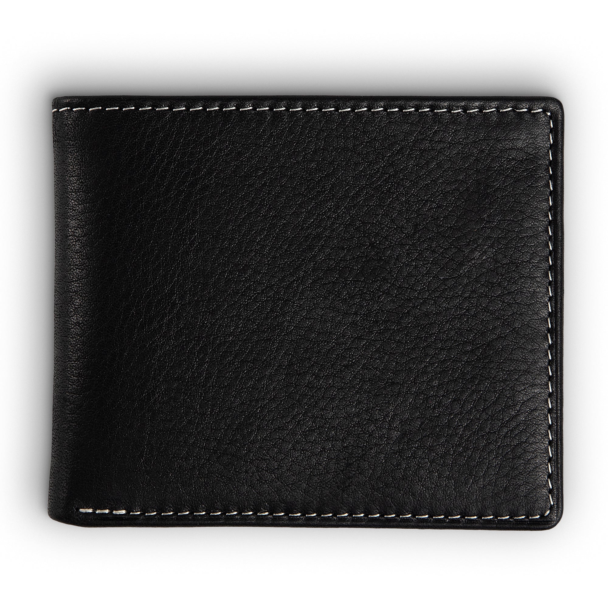 PEGAI Edward bifold wallet in black Dymnos pull-up calfskin, closed back flat lay showing pebbled full-grain surface with natural tonal variation and cream contrast stitching.