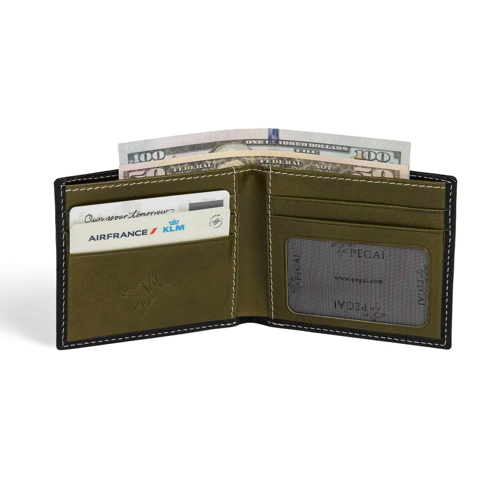 PEGAI Edward bifold wallet open with cards and folded $100 bills loaded, showing olive green interior card slots, mesh ID window, and cream stitching on Black Cevoli veg-tan exterior. 