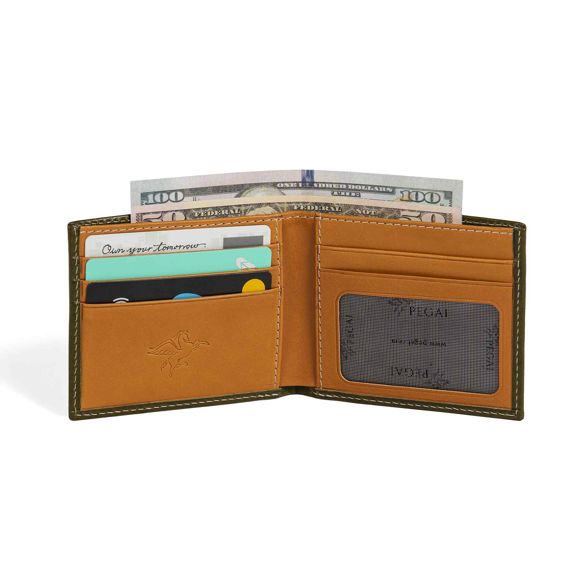 PEGAI Edward bifold wallet open with cards and folded $100 bills loaded, showing tan brown interior card slots, mesh ID window, and cream stitching on olive green Cevoli exterior.