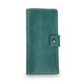 Turquoise green top-grain buffalo leather checkbook cover, closed and laid flat. Matte pull-up surface with fine natural grain texture and subtle tonal variation. Hand-stitched edges in contrasting cream thread with an antique brass snap closure tab on the right side.
