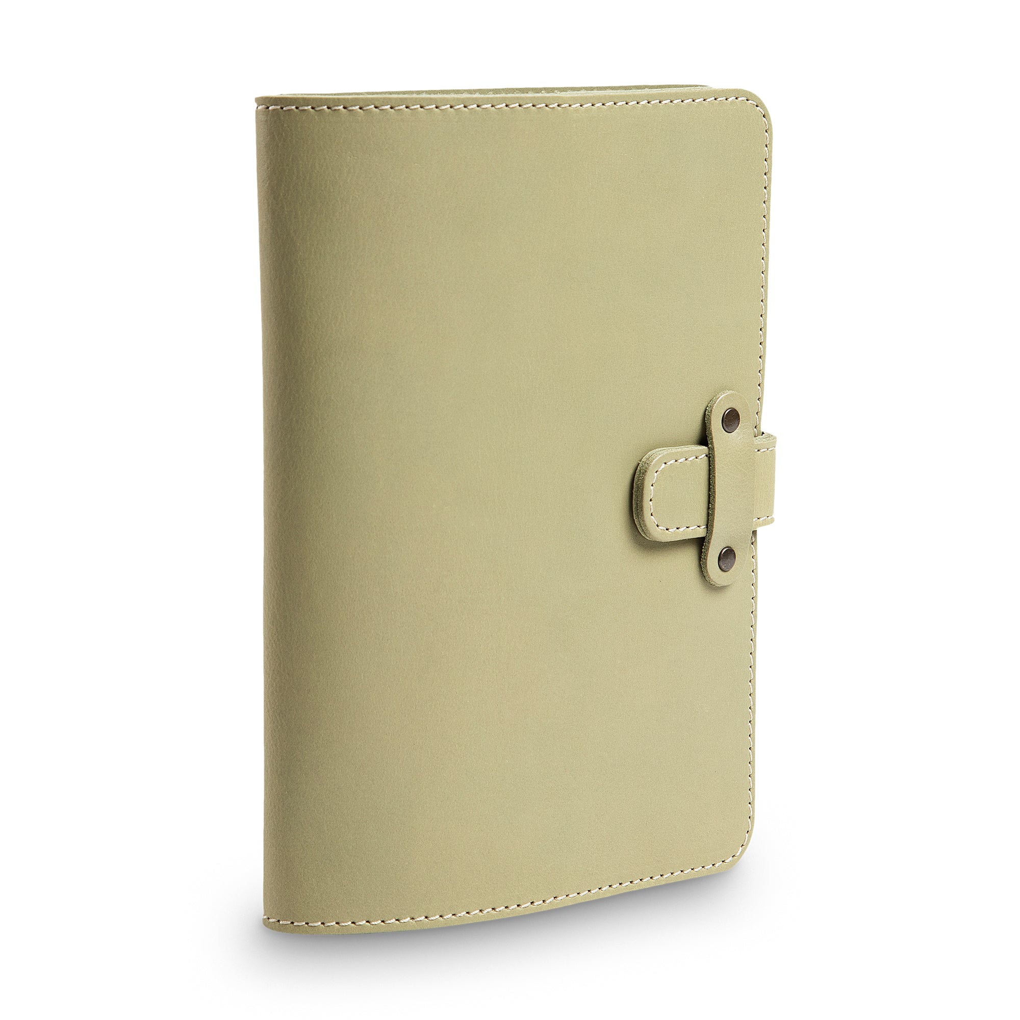 Three-quarter angled view of closed aqua green DuPage leather journal highlighting the leather strap closure with antique brass rivets, cream stitching, and smooth Iphitos buffalo surface.