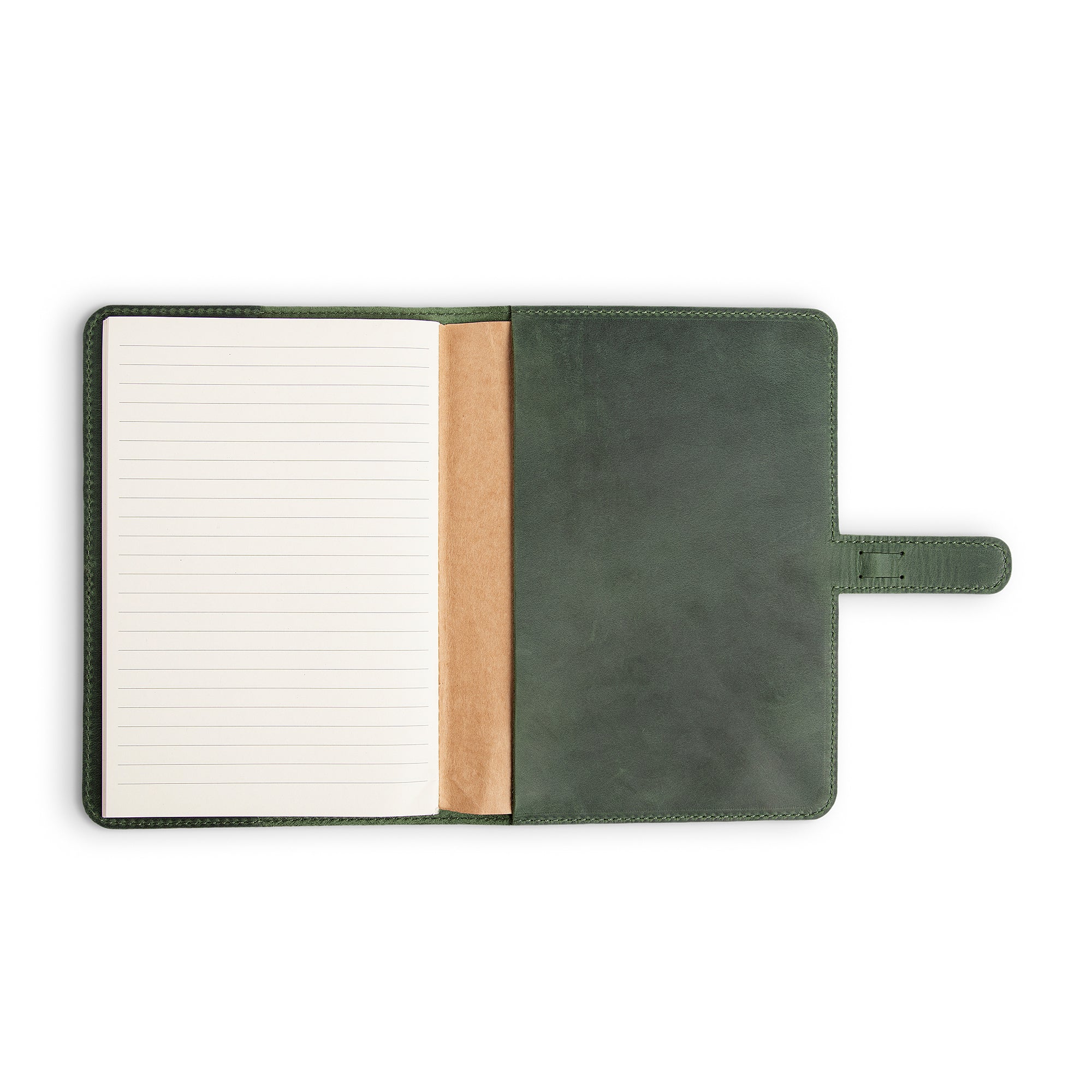 DuPage Green journal open to show lined paper refill on left, natural vachetta leather slip pocket at center, and forest green Dallas Crazy Horse pull-up leather interior on right.