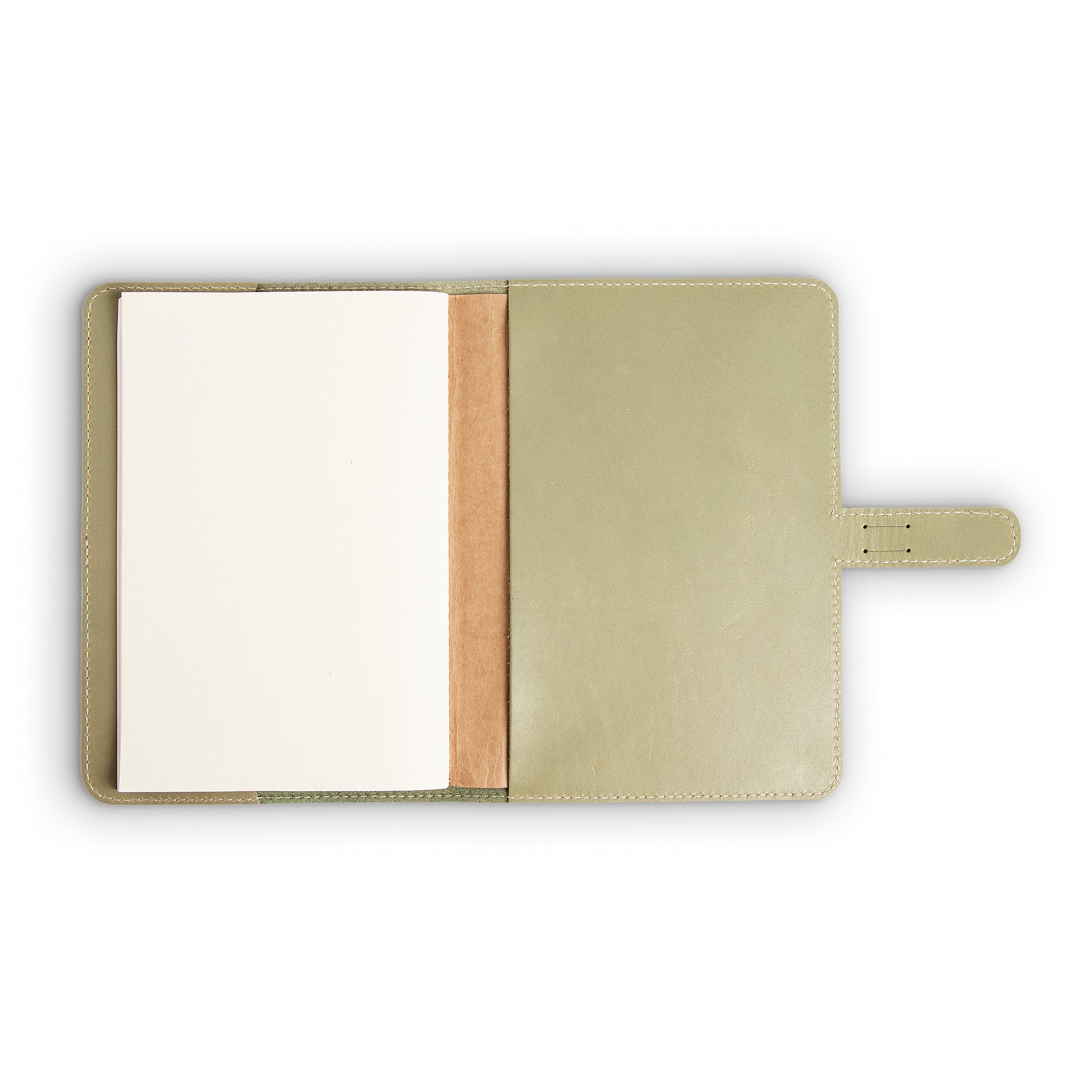 DuPage journal open to show blank white paper refill on left panel and smooth aqua green pull-up buffalo leather interior on right, with natural vachetta spine and cream perimeter stitching.